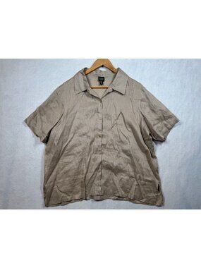Eileen Fisher Woman 100% Irish Linen Button Down Blouse Tan Khaki Womens Size 1X